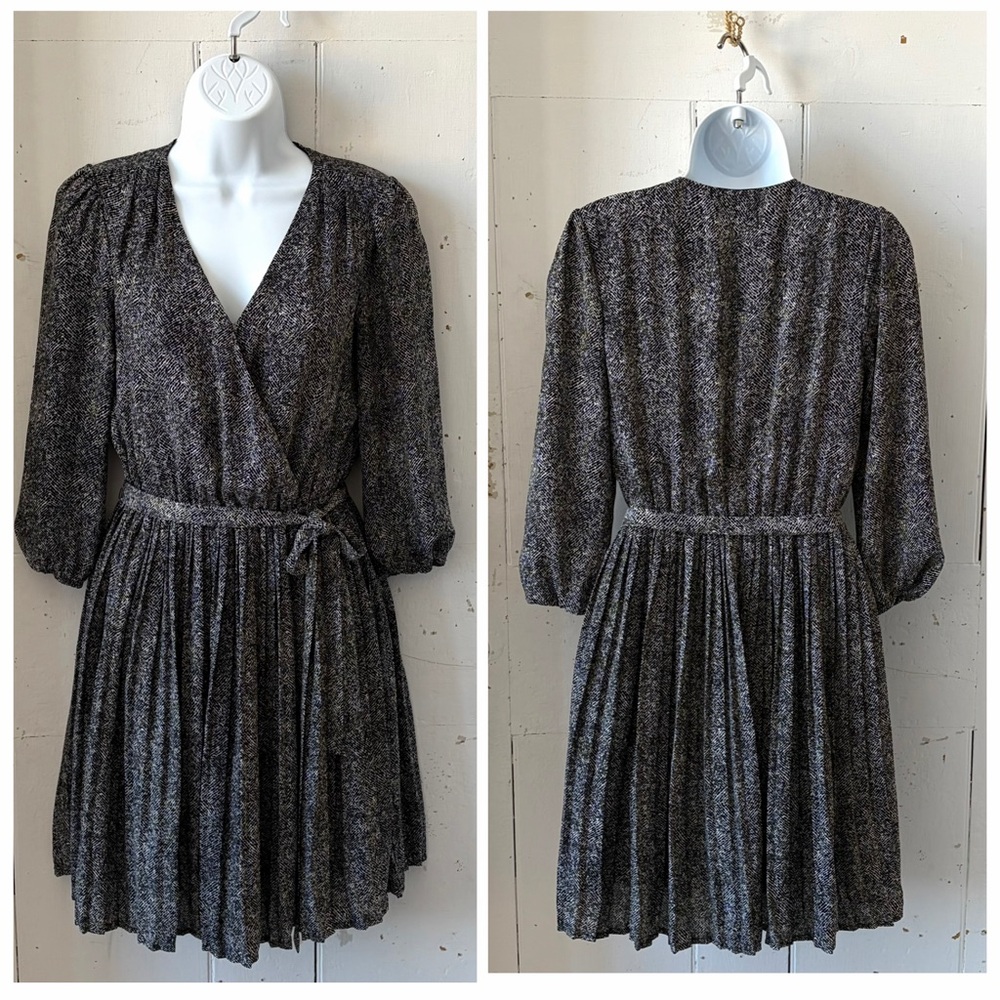 DR2 Charcoal and Black Geometric Print Faux Wrap Dress